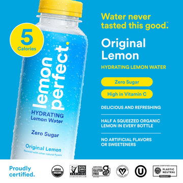 LEMON PERFECT Hydrating Lemon Water, Organic Zero Sugar, 15.2 Fl Oz Bottles, Refreshing Flavor, 12-Pack