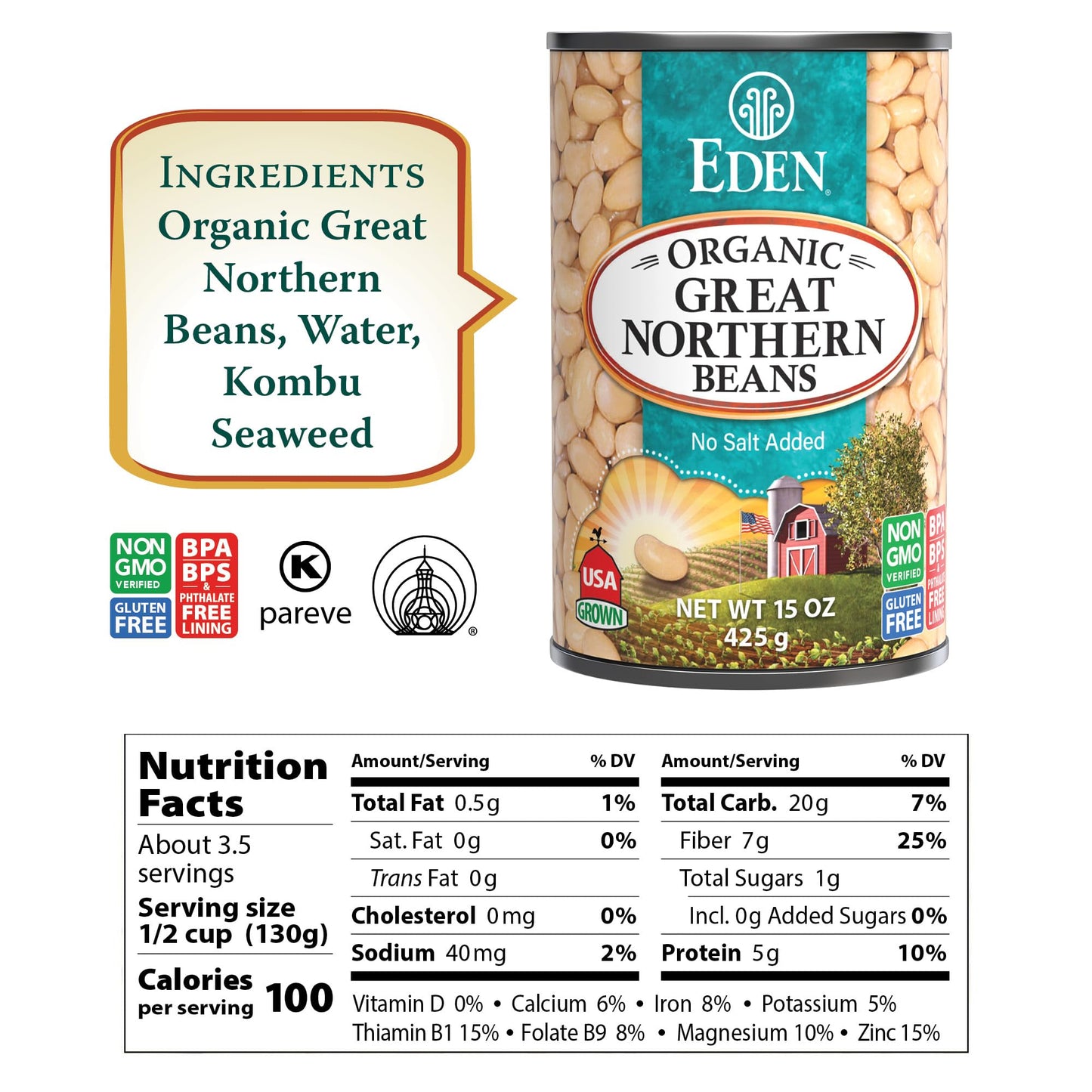 Eden Organic Great Northern Beans (White Beans), 15 Oz Can (12-Pack Case), No Salt Added, Non-Gmo, Gluten Free, U.S. Grown, Heat And Serve, Macrobiotic, Similar To Cannellini, Smoother