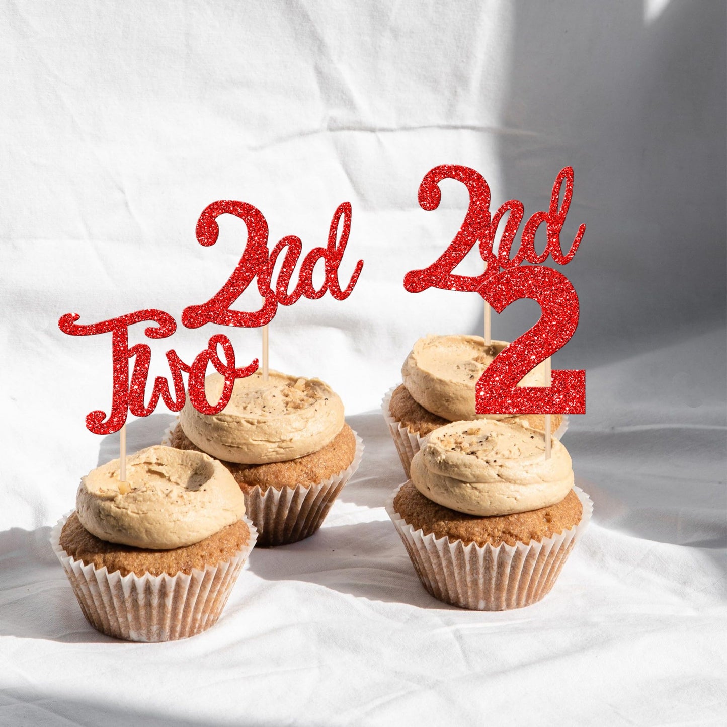 ZHUOWEISM 24 PCS Cupcake Toppers, Glitter Number 2, Red Paper Decorations for 2nd Birthday, Baby Shower, Anniversary Party Supplies