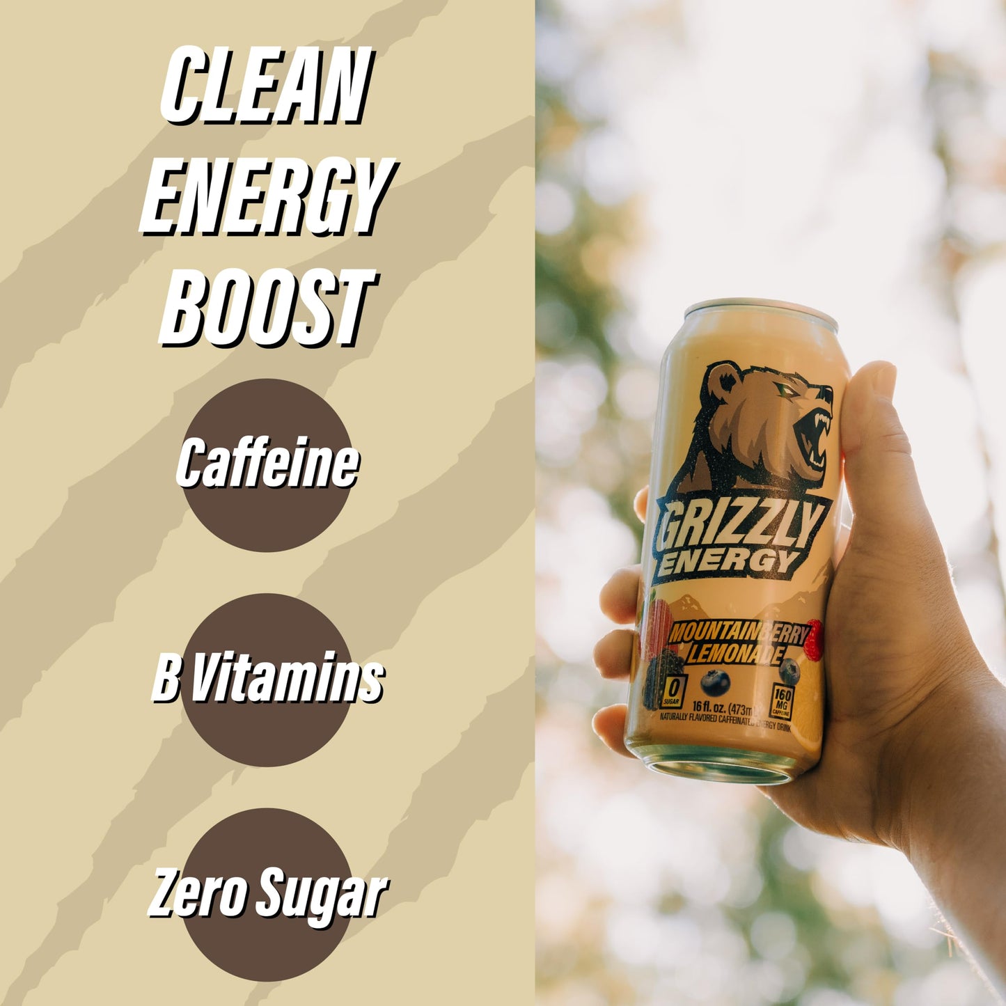 Grizzly Energy Drink Mountainberry Lemonade, 160mg Caffeine, Zero Sugar, 12 Pack Cans