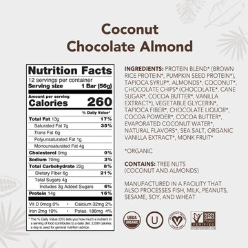 ALOHA Organic Plant Based Protein Bars - Vegan, Low Sugar, Gluten-Free, 12 Count, Chocolate Coconut Almond, Model 0842096109119