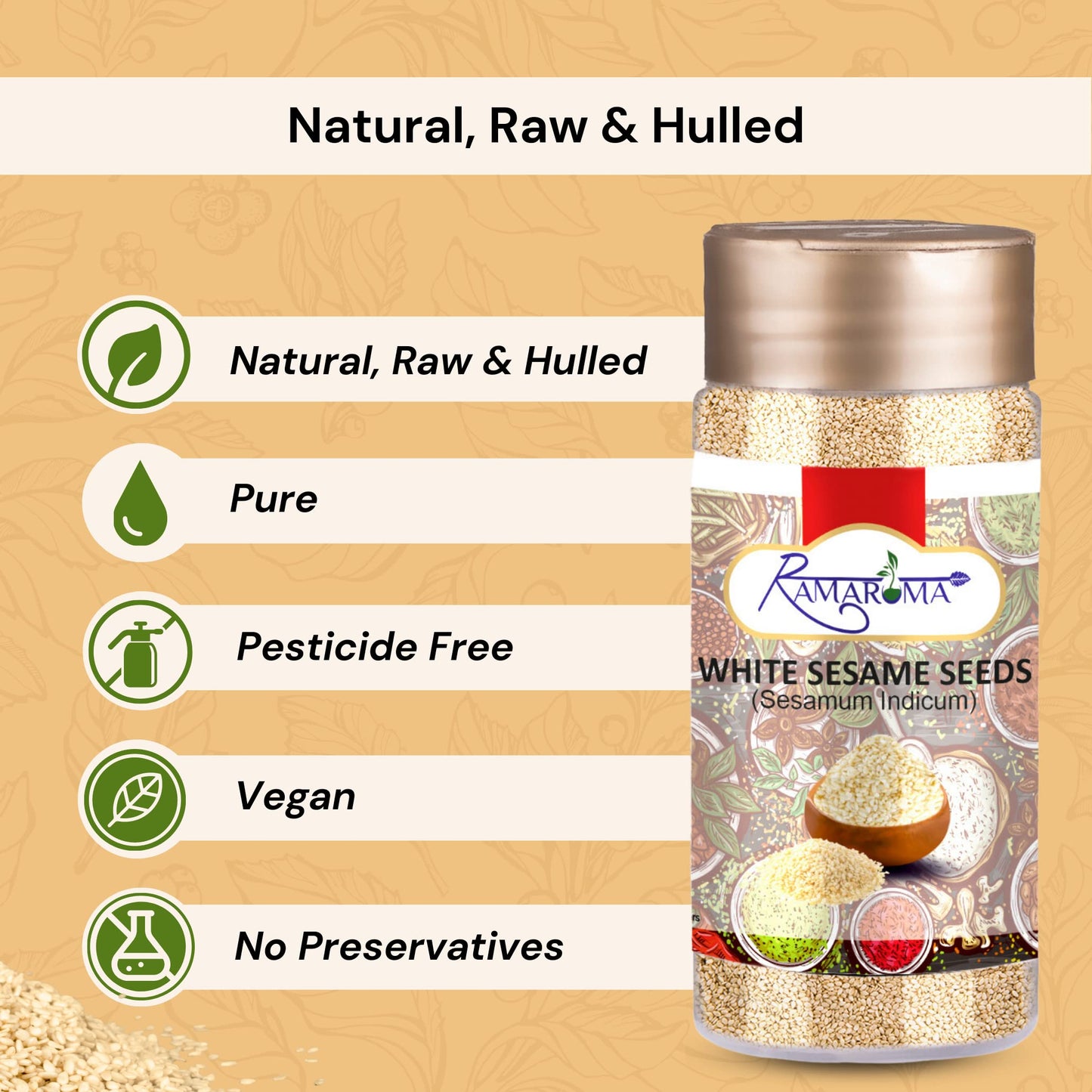 Ramaroma, Organic Hulled Sesame Seeds (100G/3.5Oz) Non-Gmo, Vegan | Rich & Pure Whole Raw White Sesame Seeds | Perfect For Noodl