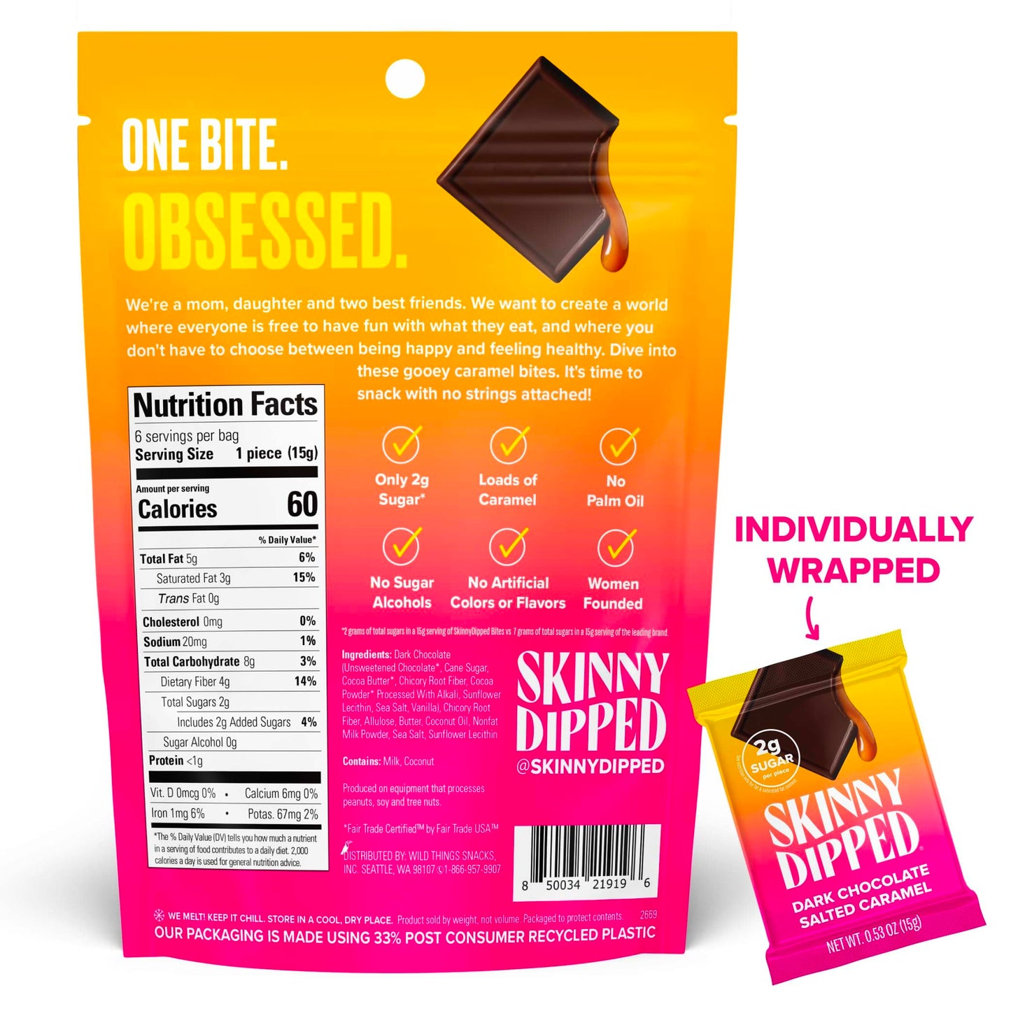 Skinnydipped Dark Chocolate Salted Caramel Bites, 2G Sugar Per Piece, Keto Friendly, No Palm Oil, Gluten Free, 4 Pack