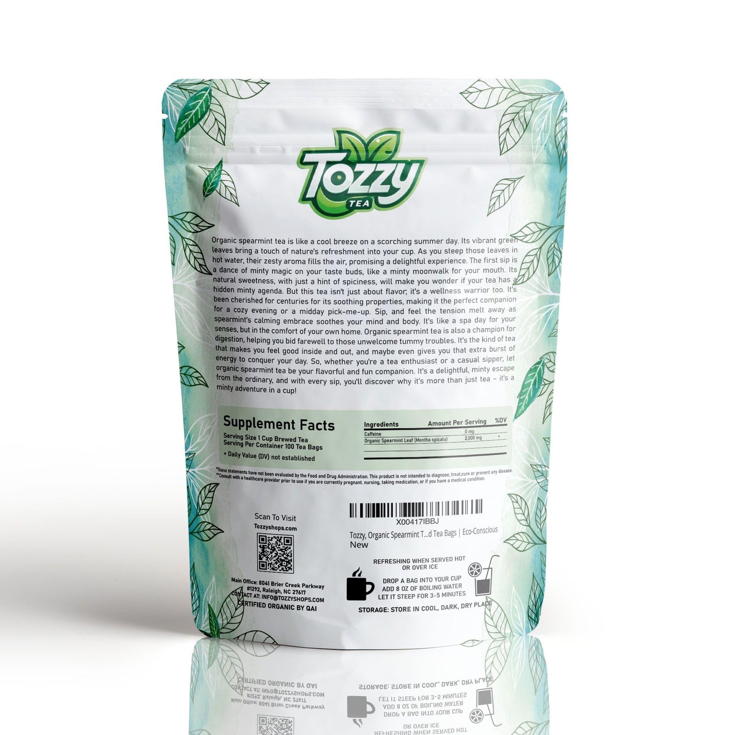 Tozzy Usda Organic Spearmint Tea - 100 Count (Pyramid Tea Bags) | Pure Plant-Based Ingredients | Eco-Conscious Packaging
