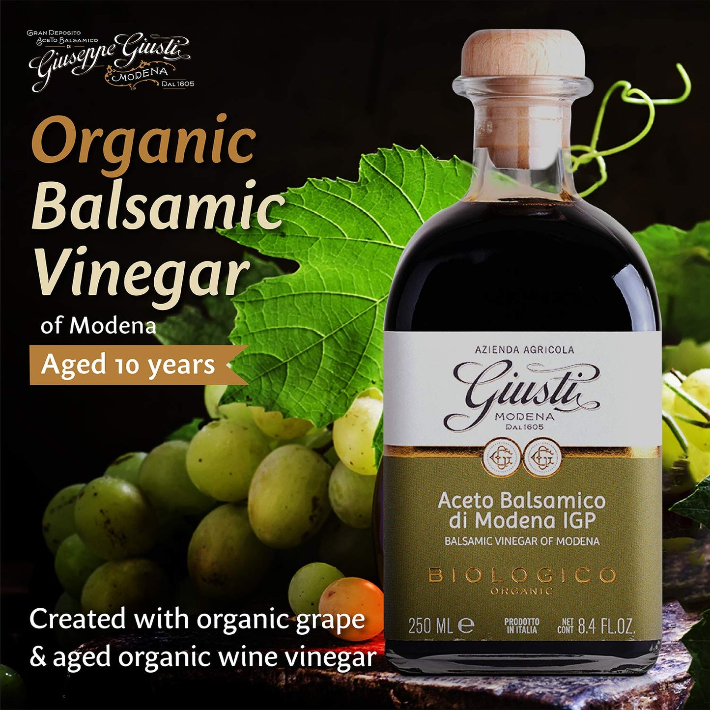Giusti Organic Balsamic Vinegar of Modena - 2x 250ml, Balsamic Vinegar of Modena Black, Pack of 2
