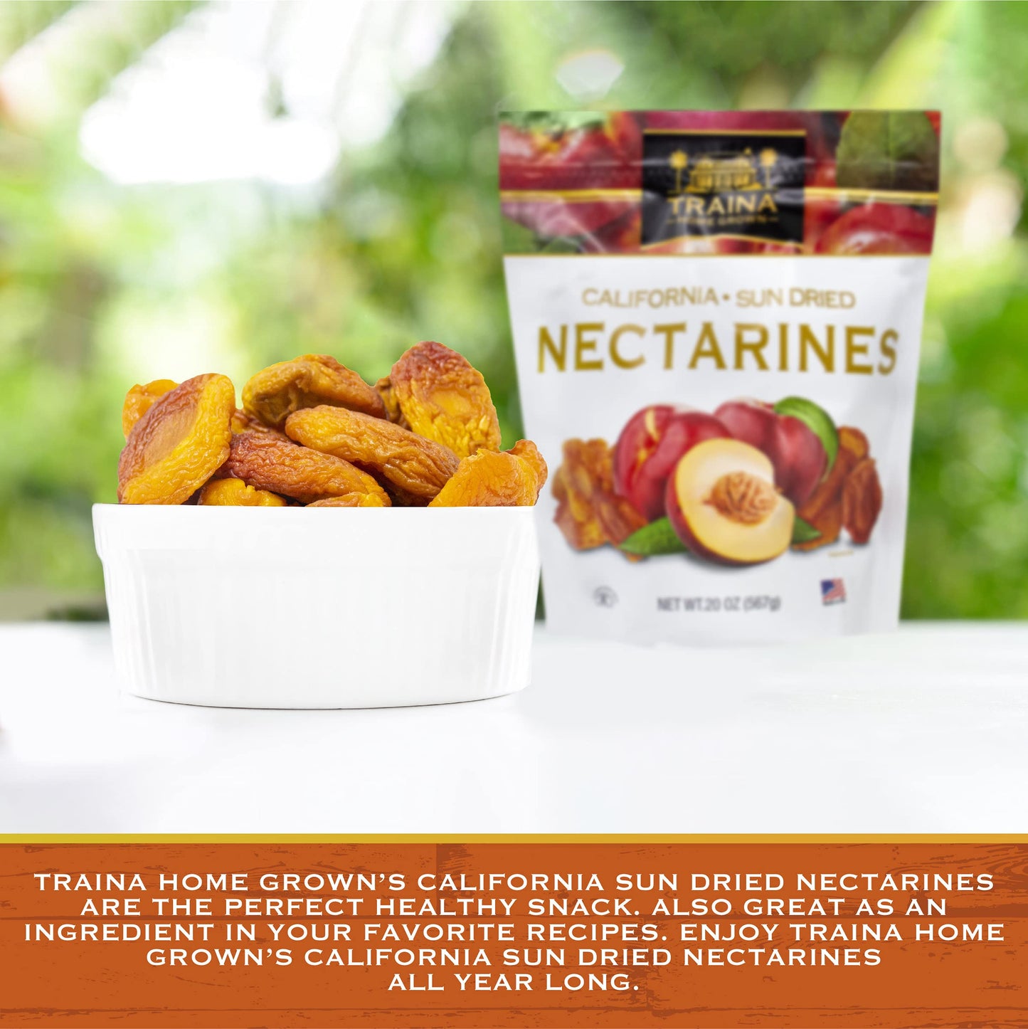 Traina Sun Dried Nectarines - Healthy Non-GMO Snack, 20 Oz Resealable Pouch