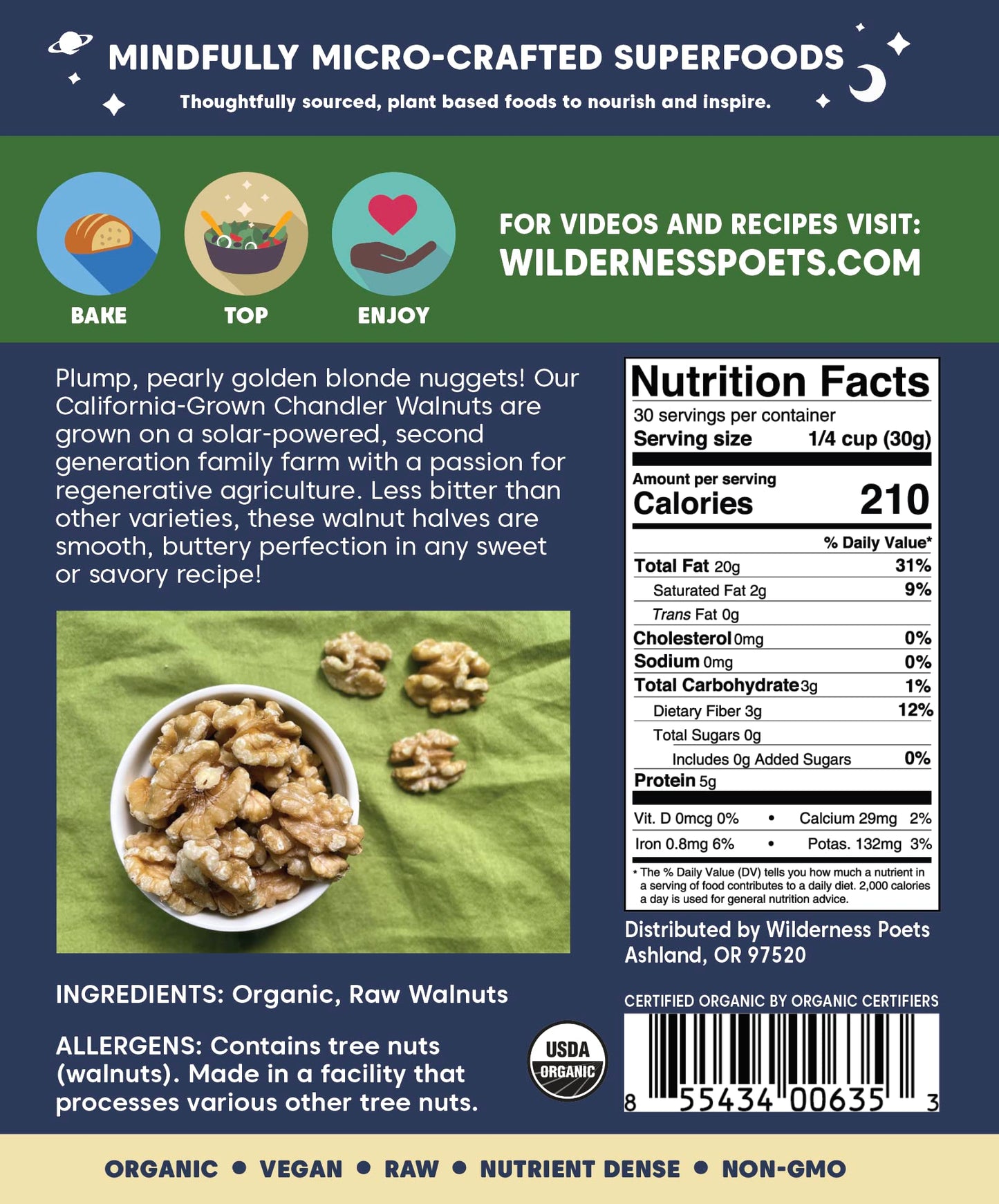 Wilderness Poets California Walnuts - Organic, Raw, Chandler Heirloom Variety - Golden, Blonde Halves, Bulk Size (32 Ounce - 2 P