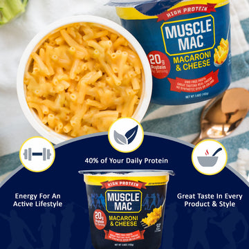 Muscle Mac | Macaroni And Cheese Microwavable Mega Cups, 20 Grams Of Protein Per Serving, Real Cheese, Non-Gmo, (12 Cups)