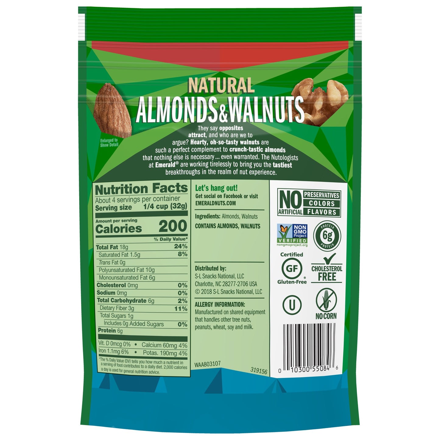 Emerald Nuts Unsalted Almonds And Walnuts (1-Pack), 5Oz Resealable Bag, Kosher Certified, Non-Gmo, Contains No Artificial Preser