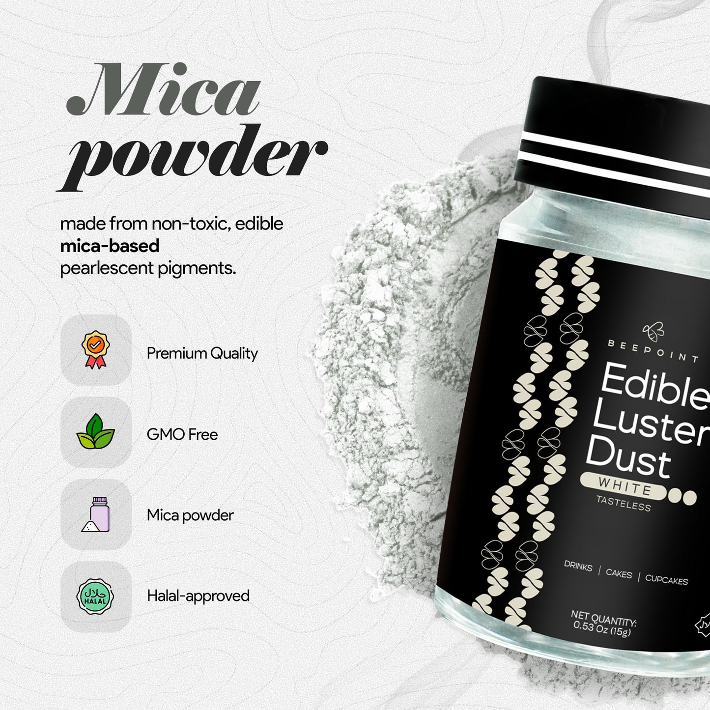 BeePoint Edible Glitter Luster Dust - Food Grade Shimmer Powder for Baking, Cocktails & Cakes - 15g - White