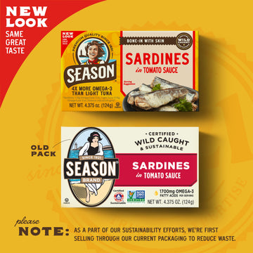 Season Sardines in Tomato Sauce - Wild Caught, 22g of Protein, Keto Snacks, More Omega 3's Than Tuna, Kosher, High in Calcium, C