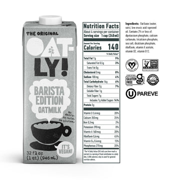 Oatly Barista Edition Oat Milk - Crafted for Coffee | Dairy-Free, Plant-Based, Shelf-Stable Milk that makes Perfect Foam (32 oz,