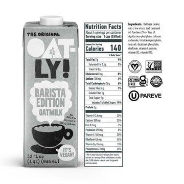 Oatly Barista Edition Oat Milk - Crafted for Coffee | Dairy-Free Plant-Based Shelf-Stable Milk that makes Perfect Foam (32 oz 6-pack)