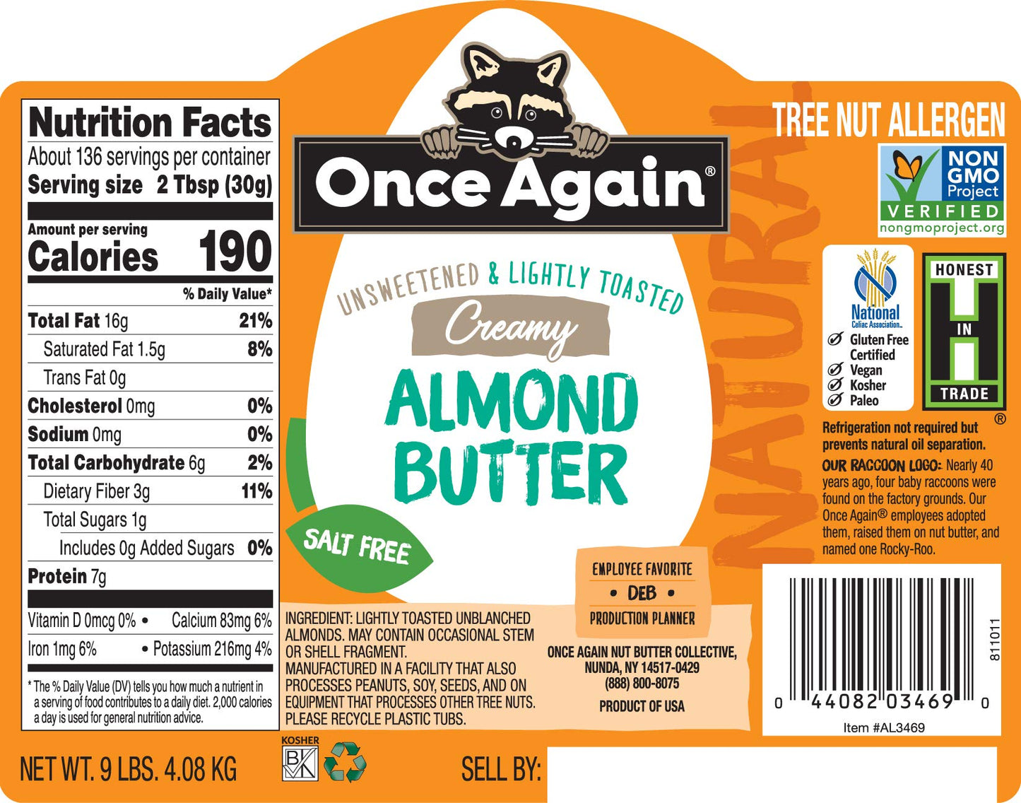 Once Again Natural Creamy Almond Butter, 9Lbs (Same As 9 Jars) - Lightly Toasted - Salt Free, Unsweetened - Gluten Free Certifie
