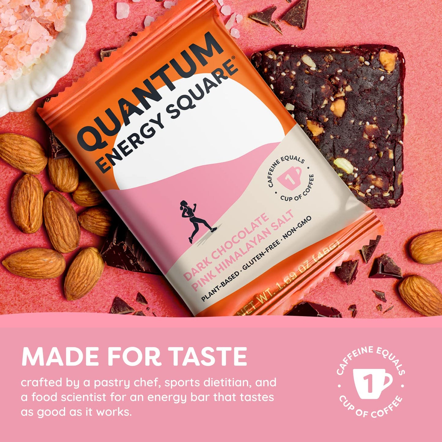 Quantum Energy Square: Energy Bar With Caffeine & 10G Protein. Delicious Healthy Snack On The Go. (Vegan, Gluten-Free, Soy-Free, Dairy-Free) (Dark Chocolate Pink Himalayan Salt)