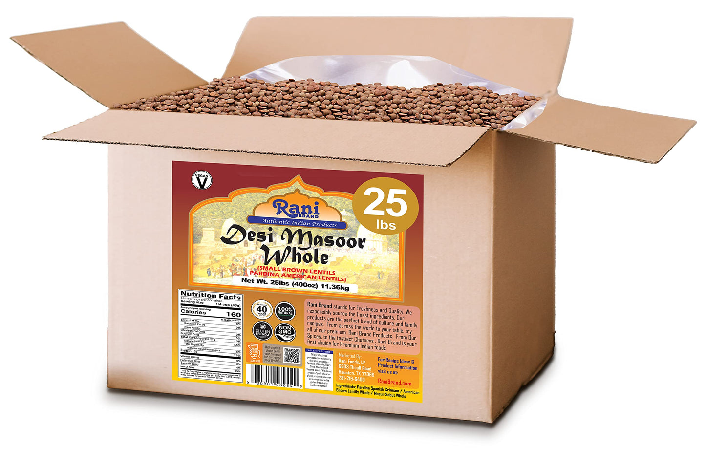 Rani Desi Masoor (Masur) Whole 400Oz (25Lbs) 11.36Kg (Aka. Pardina Spanish / American Brown Lentils Whole) Bulk Box ~ All Natura