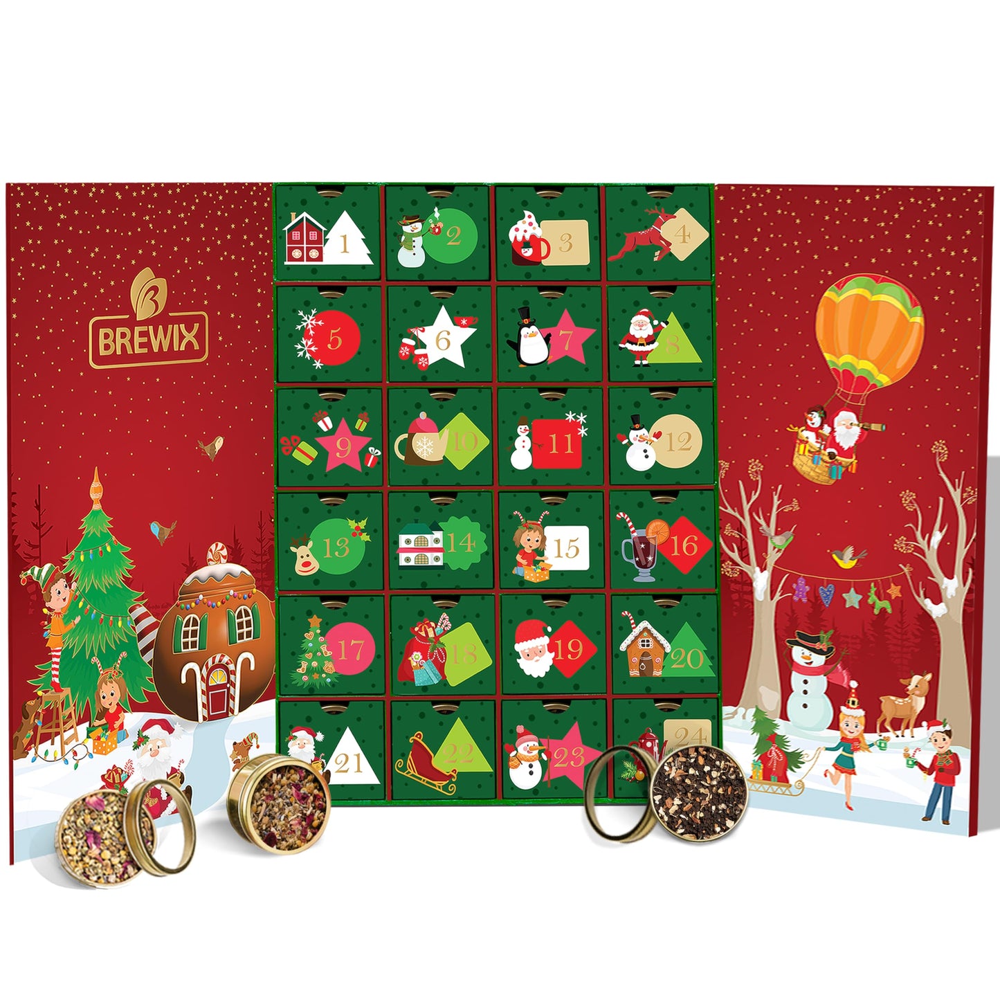 Brewix Advent Calendar 2023 - Top-Grade Christmas Gift Box - 24 Unique Loose Leaf Teas - Advent Calendar 2023 18+ Use Women & Men - Tea Advent Calendar