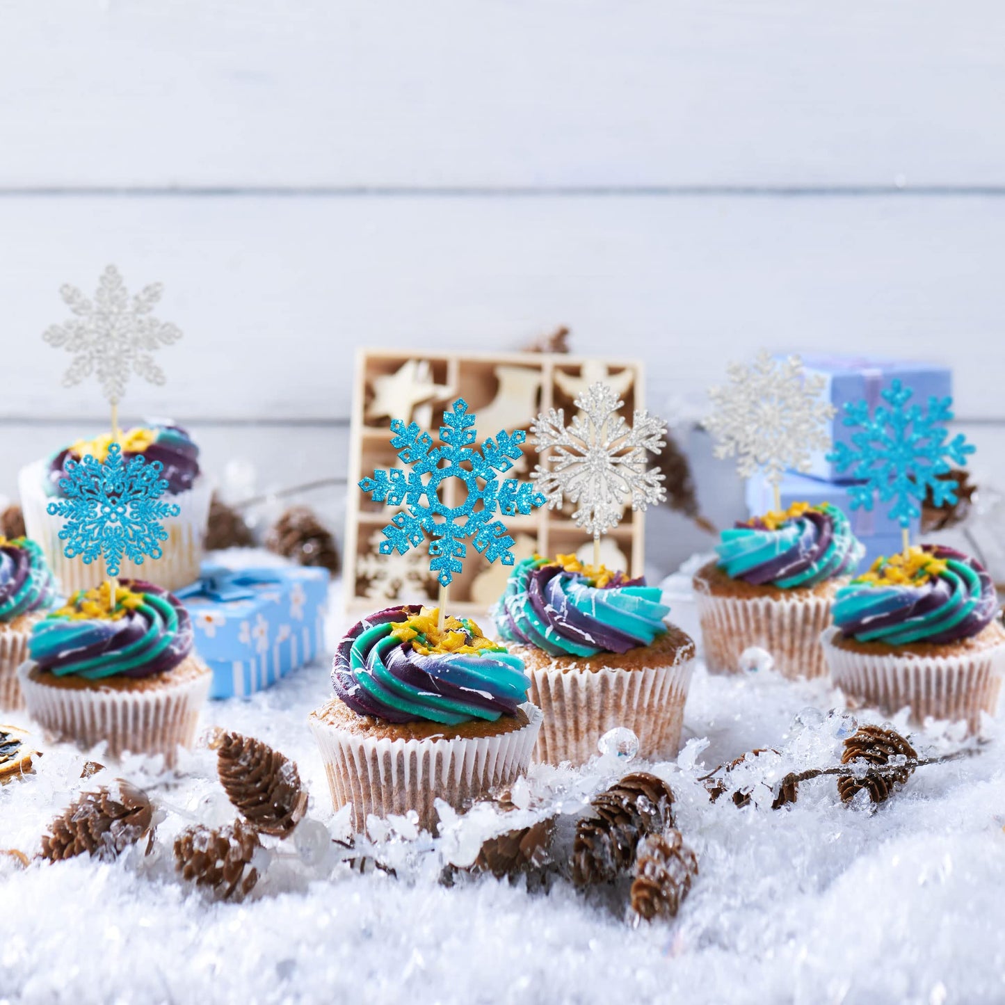 Gyufise 36Pcs Snowflake Cupcake Toppers Glitter Winter Frozen Theme Cupcake Picks For Winter Wonderland Snowflake Theme Baby Sho