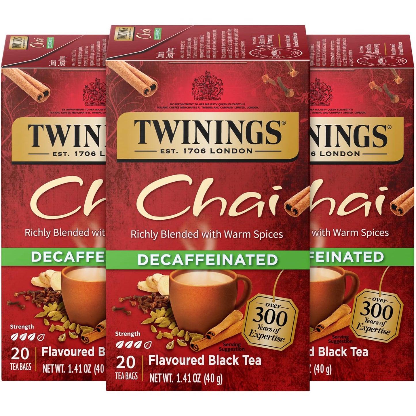 Twinings Decaffeinated Chai Tea, Black Tea Blend With Cinnamon, Ginger, Cardamon, Cloves For A Sweet And Spicy Flavor, Clover Honey Stick Included, 20 Count (Pack Of 3)