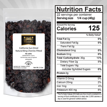 Traina Home Grown California Sun Dried Natural Pitted Cherries - Healthy, Natural, No Added Sugar, Non Gmo, Gluten Free, Kosher Certified, Vegan, Dark Red, Packed In Resealable Pouch (2 Lbs)