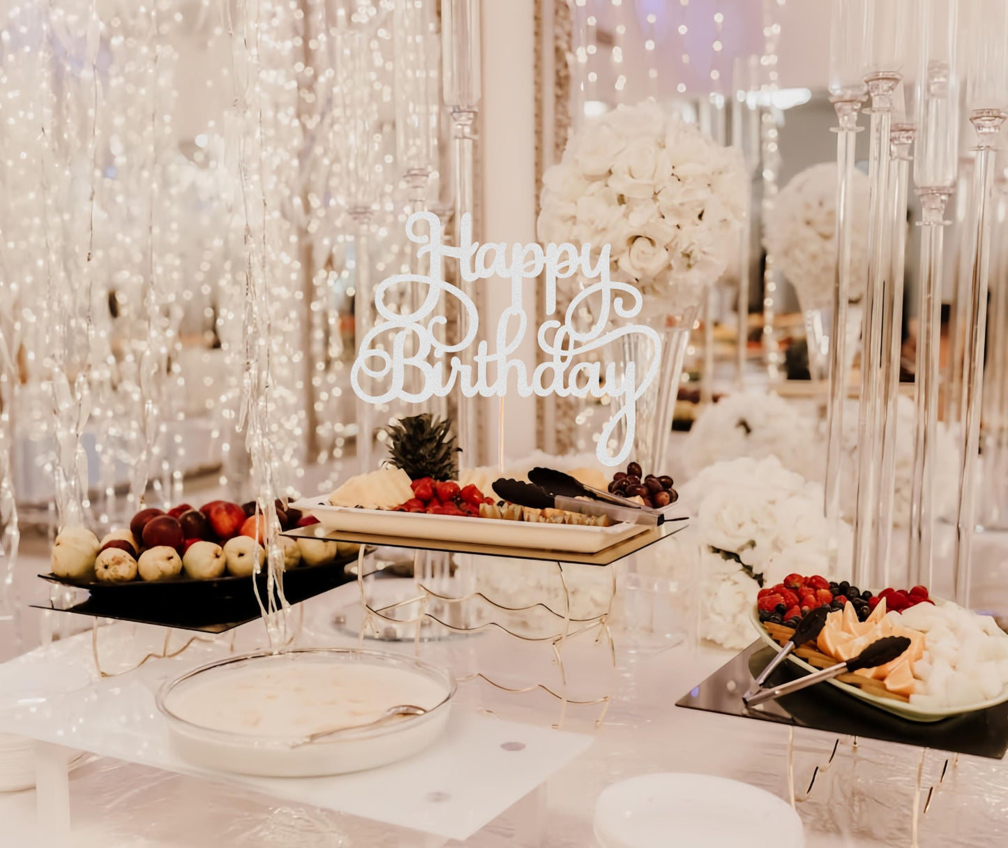 EONNCNT Happy Birthday Cake Topper Silver Glitter Decoration - MOUCCT-HB