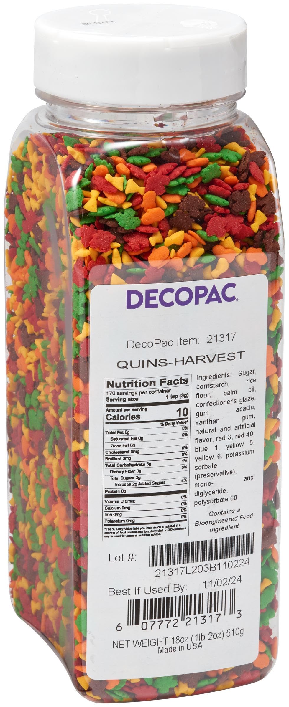 Decopac Harvest Thanksgiving Quins, 18Oz, Fancy Sprinkles In Pumpkin, Leaf & Haystack Shapes, Candy Sprinkles In Handheld Container, Edible Sprinkles For Celebration Cakes, Cupcakes, Cookies