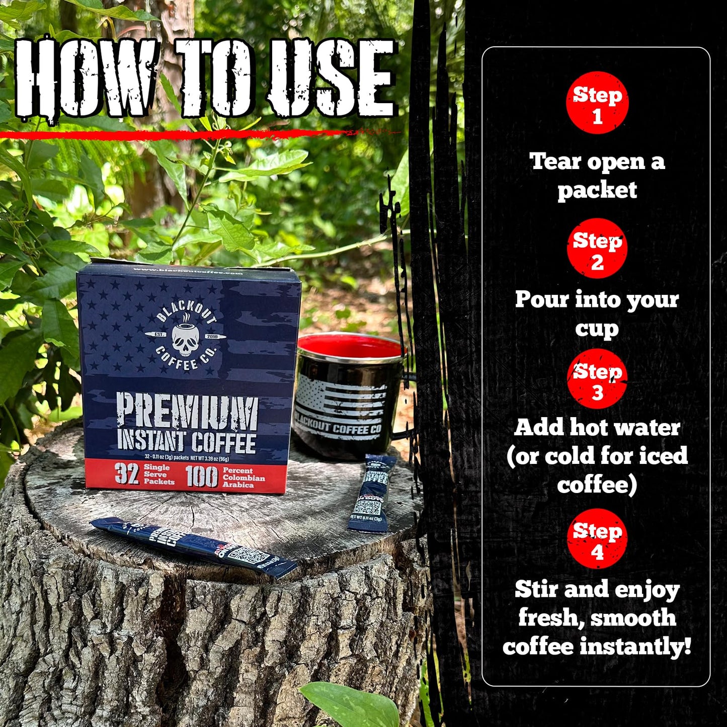 Blackout Coffee Colombian Arabica Instant Coffee - Medium Roast, Strong Aromatic, 32 Count Pack