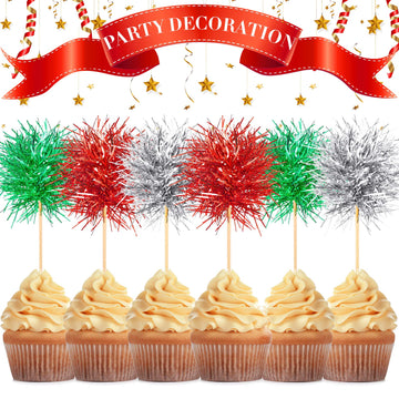 Chinco Foil Firework Cupcake Toppers, 100 Pcs, Wood, Silver/Red/Green, Model Chinco-8882