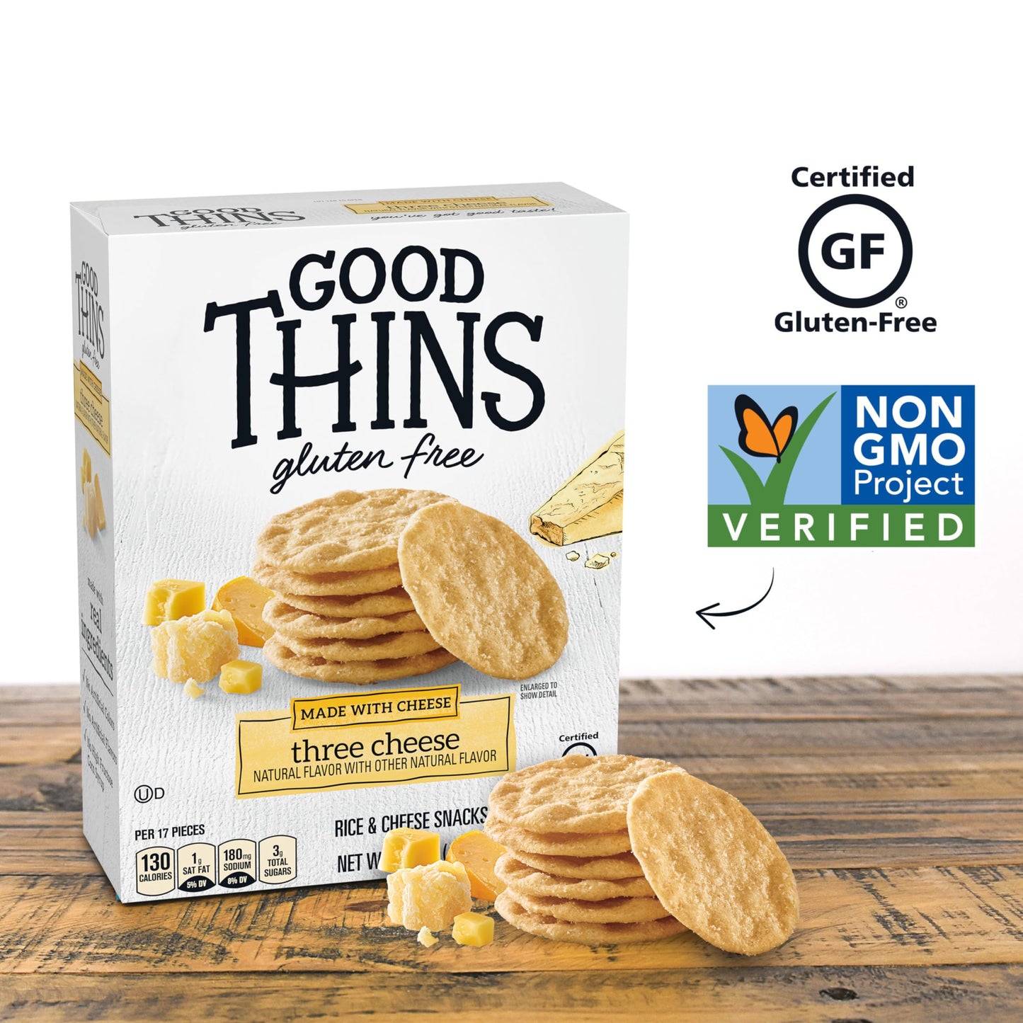 Good Thins Three Cheese Gluten Free Crackers, 6 Pack - 3.5 oz Boxes, Delicious Rice & Cheese Snacks