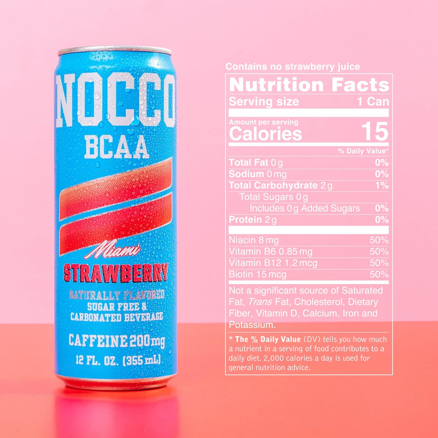NOCCO BCAA Energy Drink - Miami Strawberry, Sugar Free, 180mg Caffeine, 12 Fl Oz Cans, Pack of 12