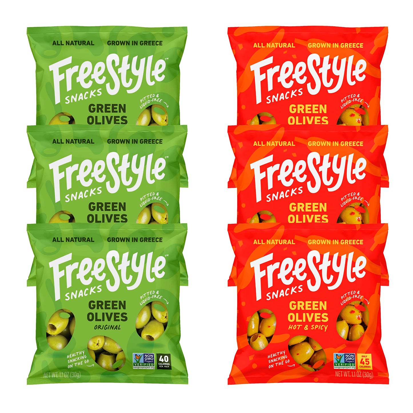 Freestyle Snacks Olive Snack Packs - Jumbo Pitted Green Olives, All Natural, 1.1oz (6 Pack)