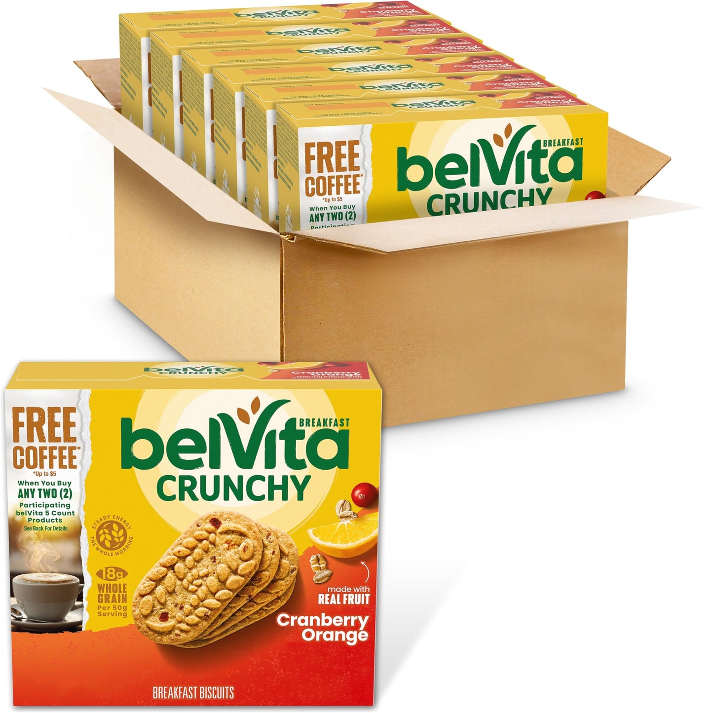 belVita Cranberry Orange Breakfast Biscuits, 30 Total Packs, 6 Boxes (4 Biscuits Per Pack)
