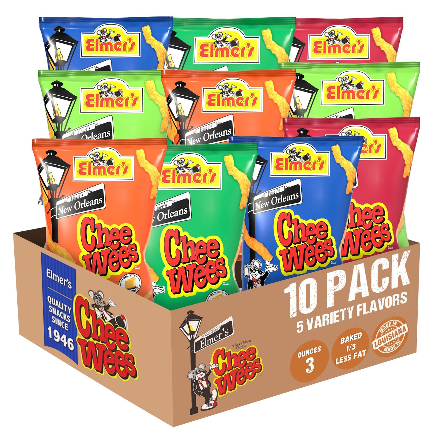Elmers New Orleans Chee-Wees, Assorted Flavor: BBQ, Original, Hot-n-Spicy, Jalapeo Cheddar and Green Onion, Variety Pack, 3 oz