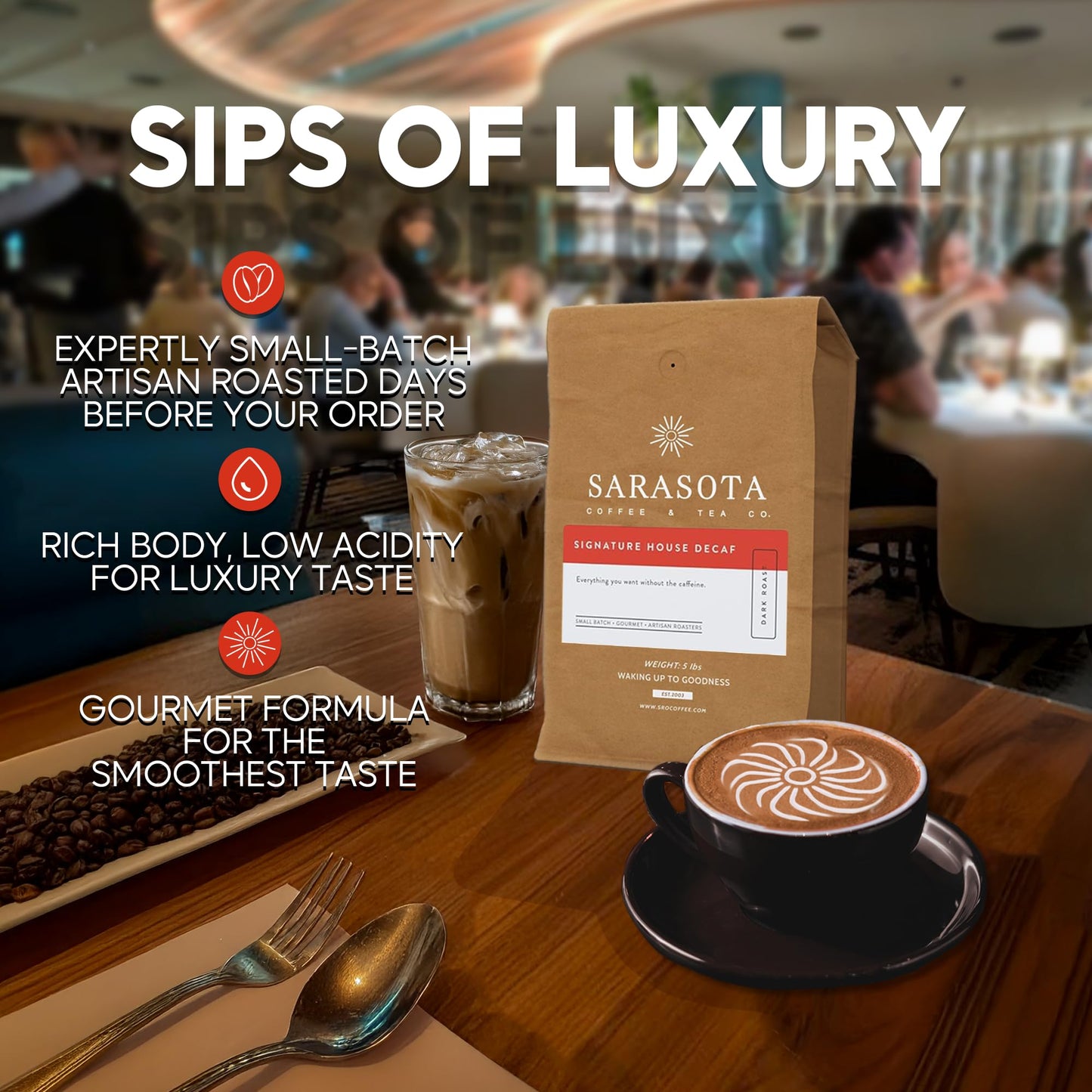 Sarasota Coffee Whole Bean Decaf | Dark Roast Gourmet Decaffeinated Coffee Beans | Low Acid, Mold Free, Specialty Grade Bulk Bea