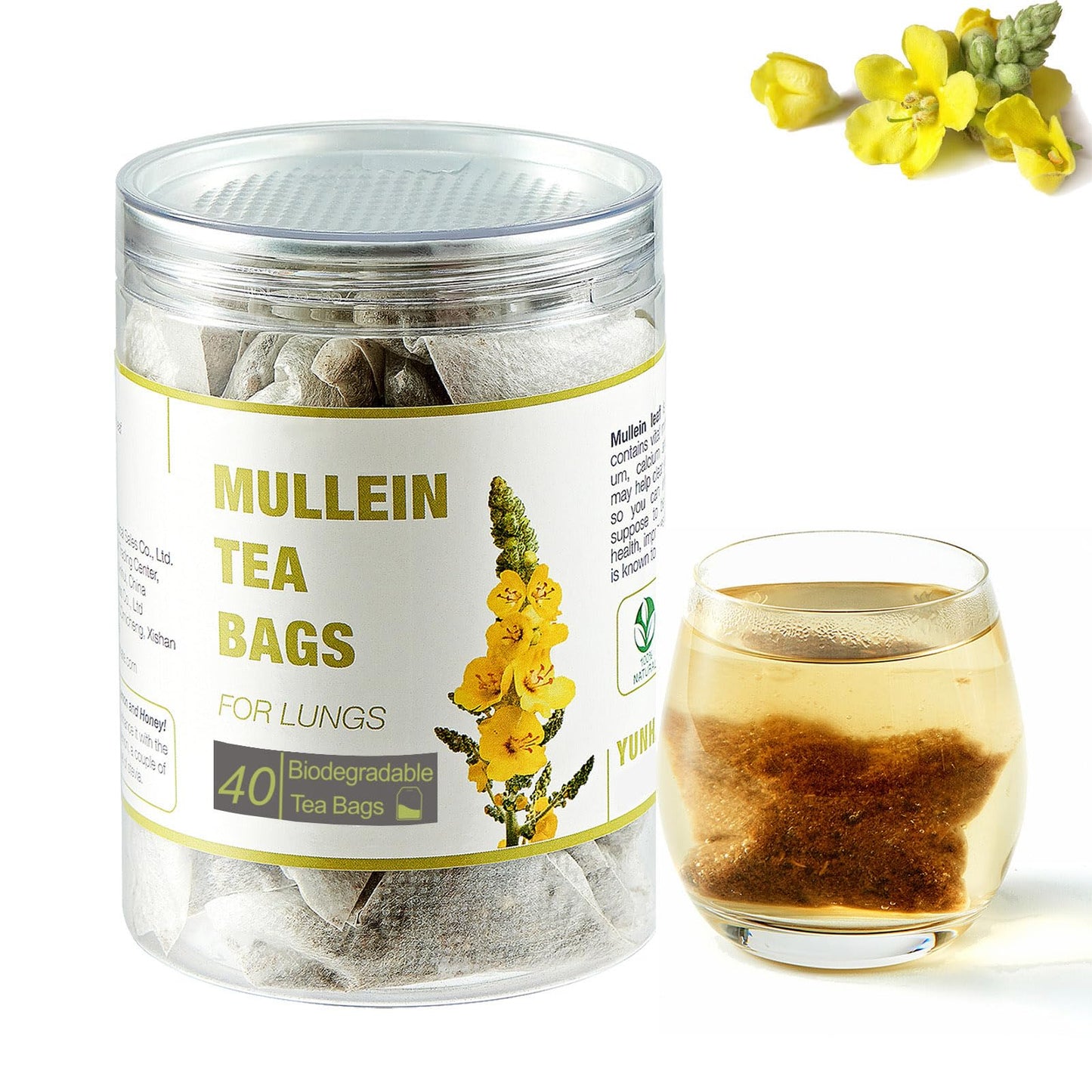 40 Bags Dried Mullein Leaf Tea For Lungs - Lung Detox Cleanse Tea For Smokers - Herbal Mullen Mullien For Breathe Easy - Energy Blend-Free Immune Support