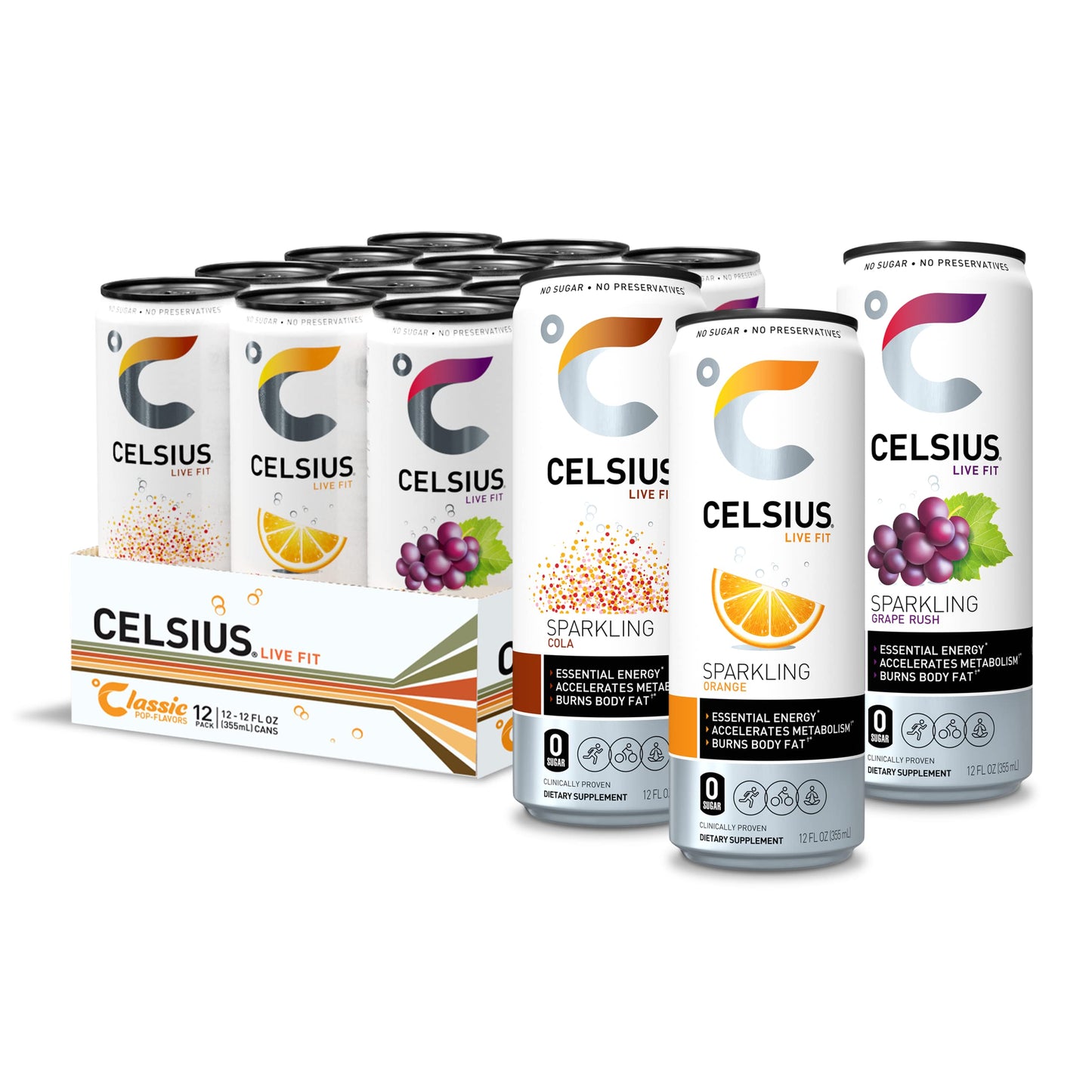 CELSIUS Sparkling Classic Pop Pack, Functional Essential Energy Drink 12 Fl Oz (Pack of 12)