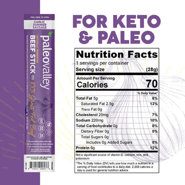 Paleovalley 100% Grass Fed Garlic Summer Sausage Beef Sticks - Delicious Gluten Free Beef Snack - High Protein Keto Friendly