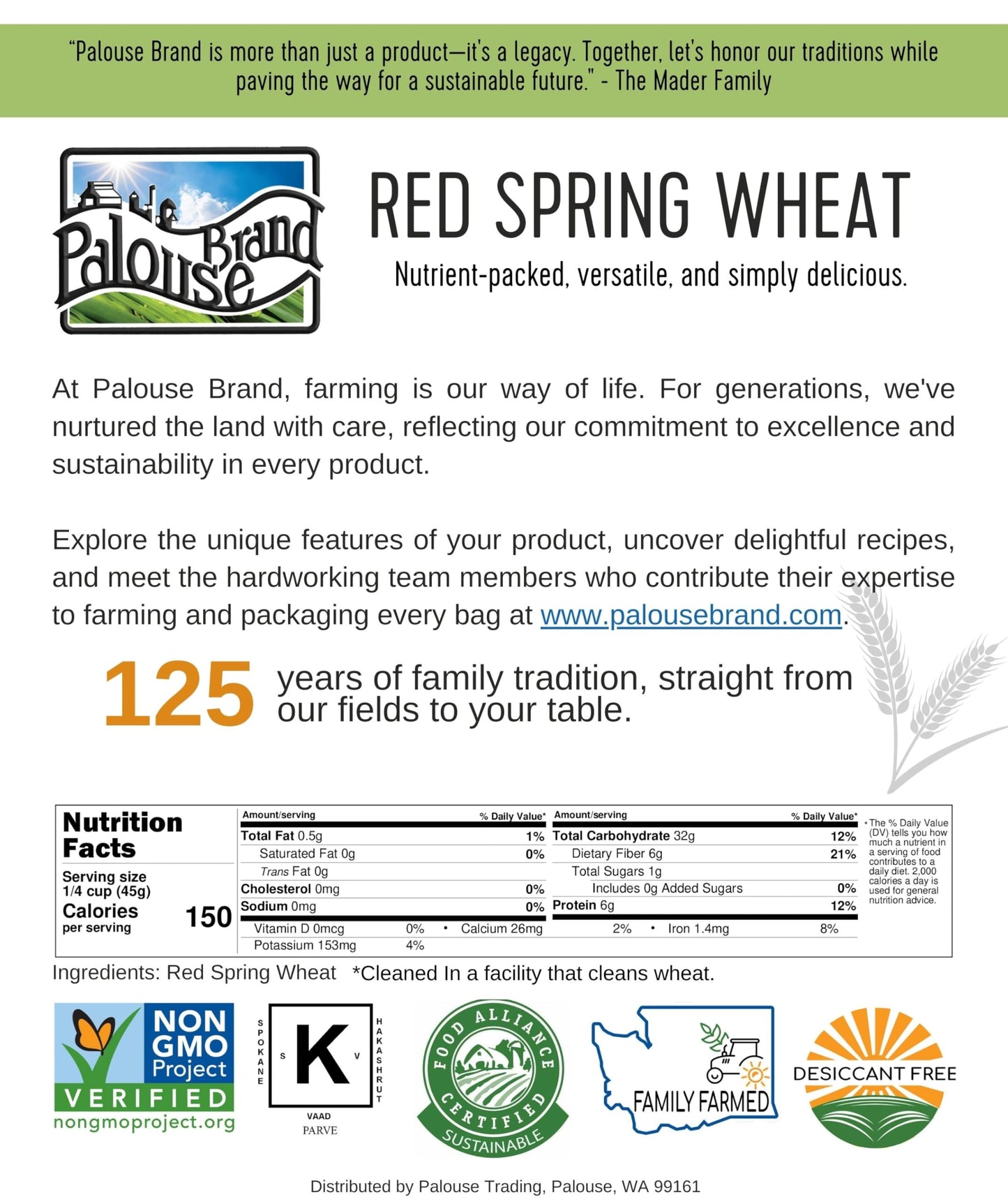 Mader Family Grown Hard Red Spring Wheat Berries: Palouse Brand, Non-Gmo, Kosher, Bulk