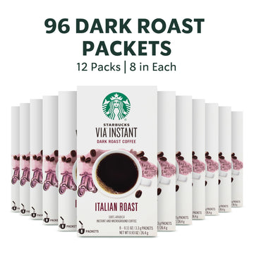 Starbucks Via Instant Coffee, Dark Roast Coffee, Italian Roast, 100% Arabica, 12 Boxes (96 Packets Total)
