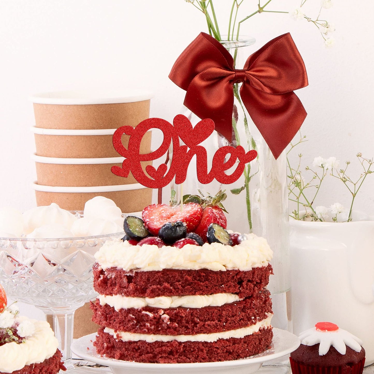 Gyufise Cake Topper Glitter Love Heart 1st Valentines Day Red Paper Model ZN0579-4-R