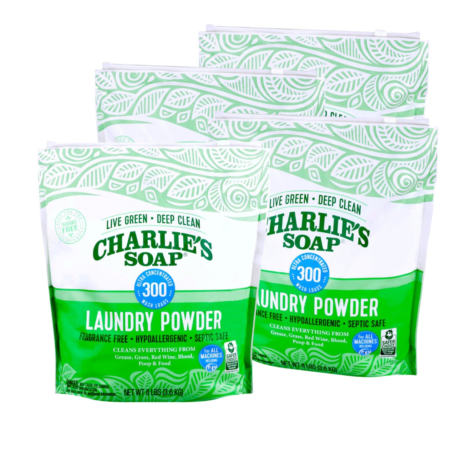 Charlies Soap Hypoallergenic Laundry Detergent Powder 8Lb Bag, Pack Of 4 (1200 Loads Total) Fragrance Free Plant Based Deep Clea