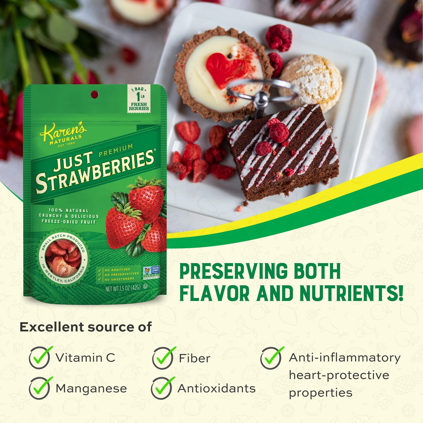 Karen'S Naturals Freeze-Dried Strawberries, 1.5Oz, Pack Of 3 - Flavor Packed Freeze Dried Fruit Snack, Crunchy Strawberries, Hea