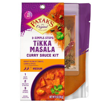 Patak'S Tikka Masala Curry Sauce 3-Step Kit, Pre-Measured Ingredients Included, Fragrant Whole Spices, Tikka Masala Curry Spice Paste, And A Base Sauce, Vegetarian Friendly, 11 Oz (Pack Of 6)