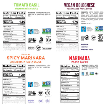 Fody Foods Pasta Sauce Variety Pack, 19.4 Oz (Pack of 4), Garlic and Onion Free, Low FODMAP Certified, Gut & IBS Friendly, Vegan