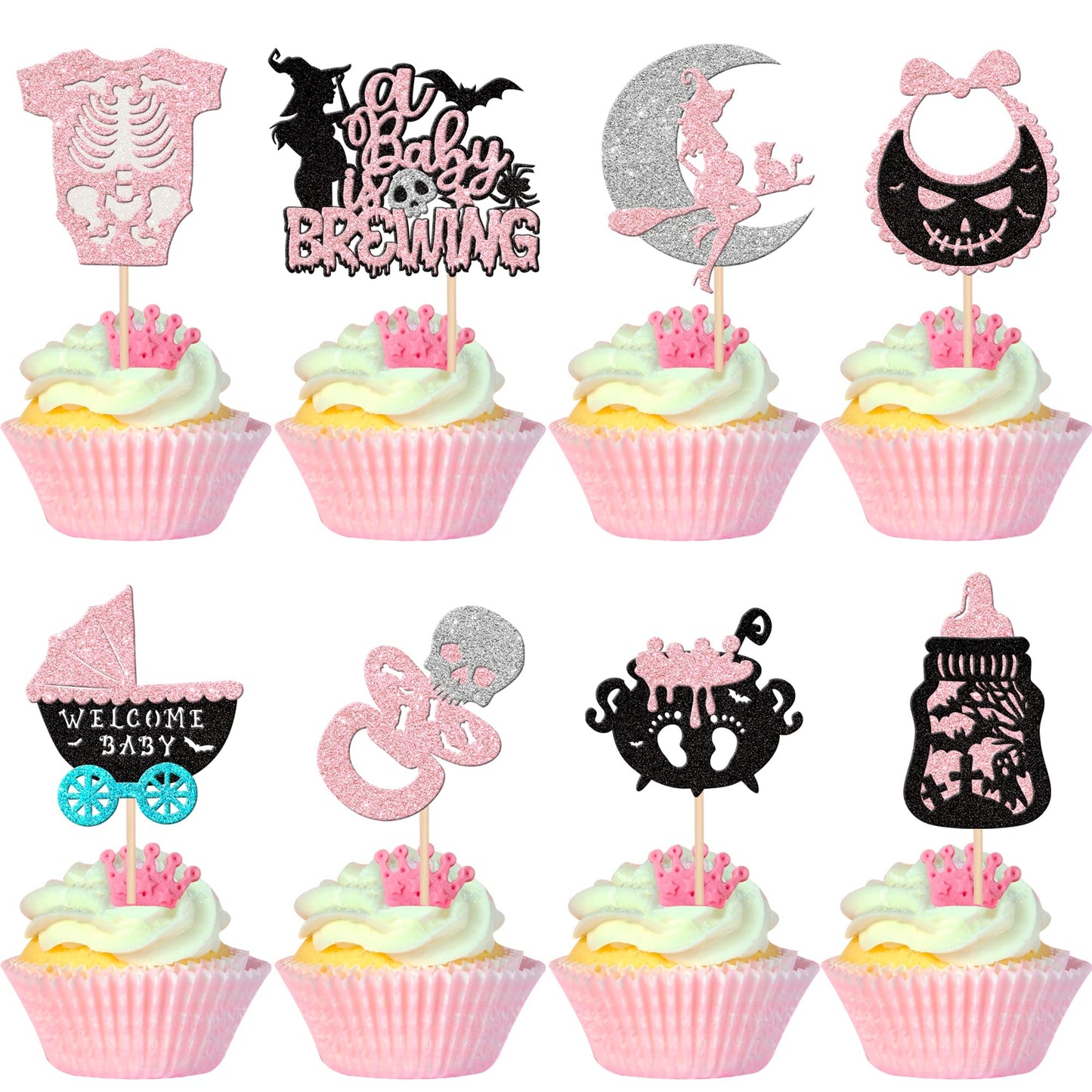 32 Pcs A Baby Is Brewing Halloween Cupcake Toppers Glitter Carriage Bottle Welcome Baby Shower Cupcake Picks For Halloween Theme Gender Reveal Birthday Party Cake Decorations Supplies Pink