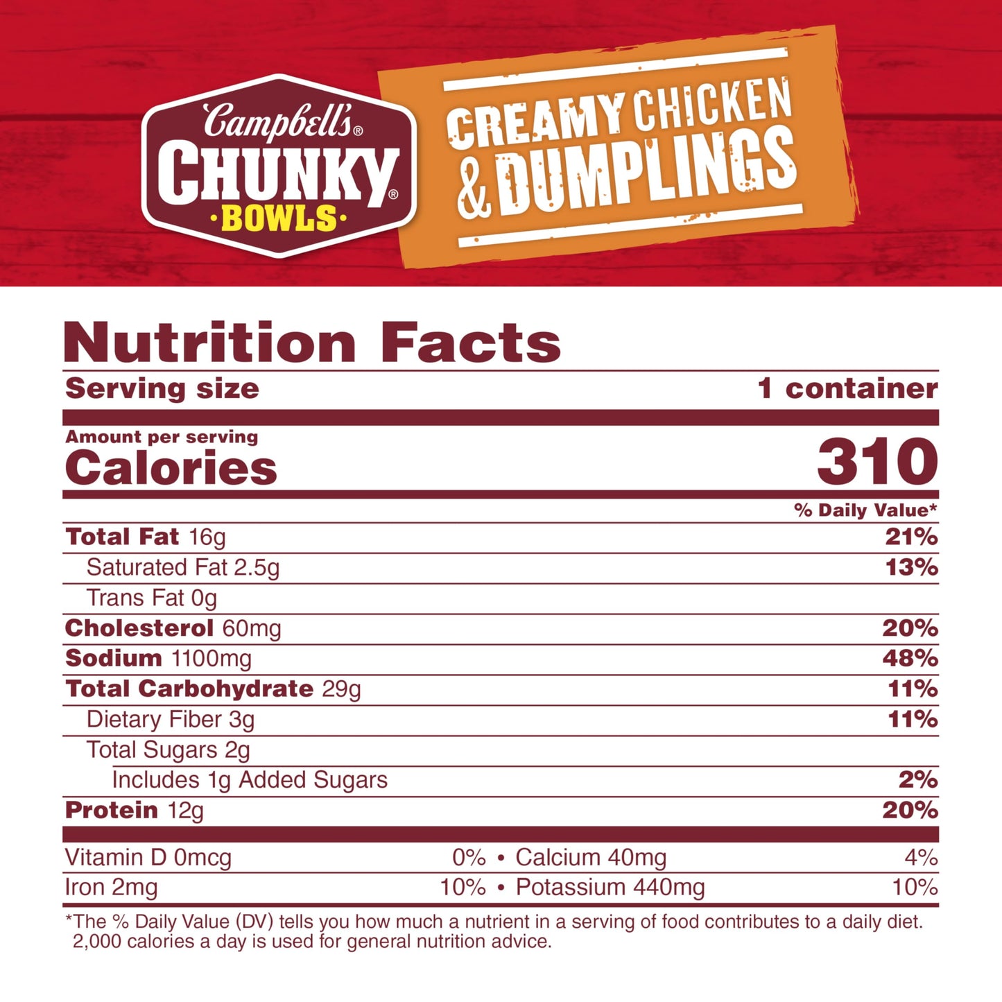 Campbell'S Chunky Soup, Creamy Chicken And Dumplings Soup, 15.25 Oz Microwavable Bowl