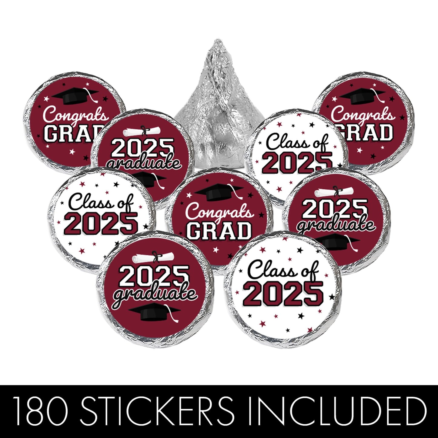 Maroon Graduation Party Stickers For Kisses Candy, Chocolate Drops, 2025 Grad Party Favors - 180 Count