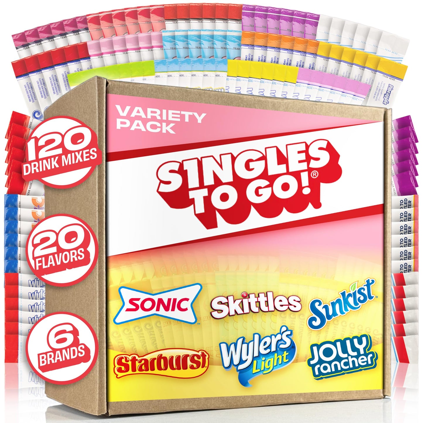 SINGLES TO GO! Sugar Free Drink Mix Variety Pack - 120 Count - 20 Flavors - 0.15 Ounce Packets