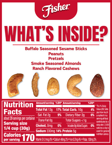 Fisher Spicy Buffalo Bulk Trail Mix, 31 Oz Jar; Buffalo Seasoned Sesame Sticks, Peanuts & Pretzels With Smoked Seasoned Almonds & Ranch Flavored Cashews; Hot Spicy Snack Mix, Snacks For Mature-Themeds