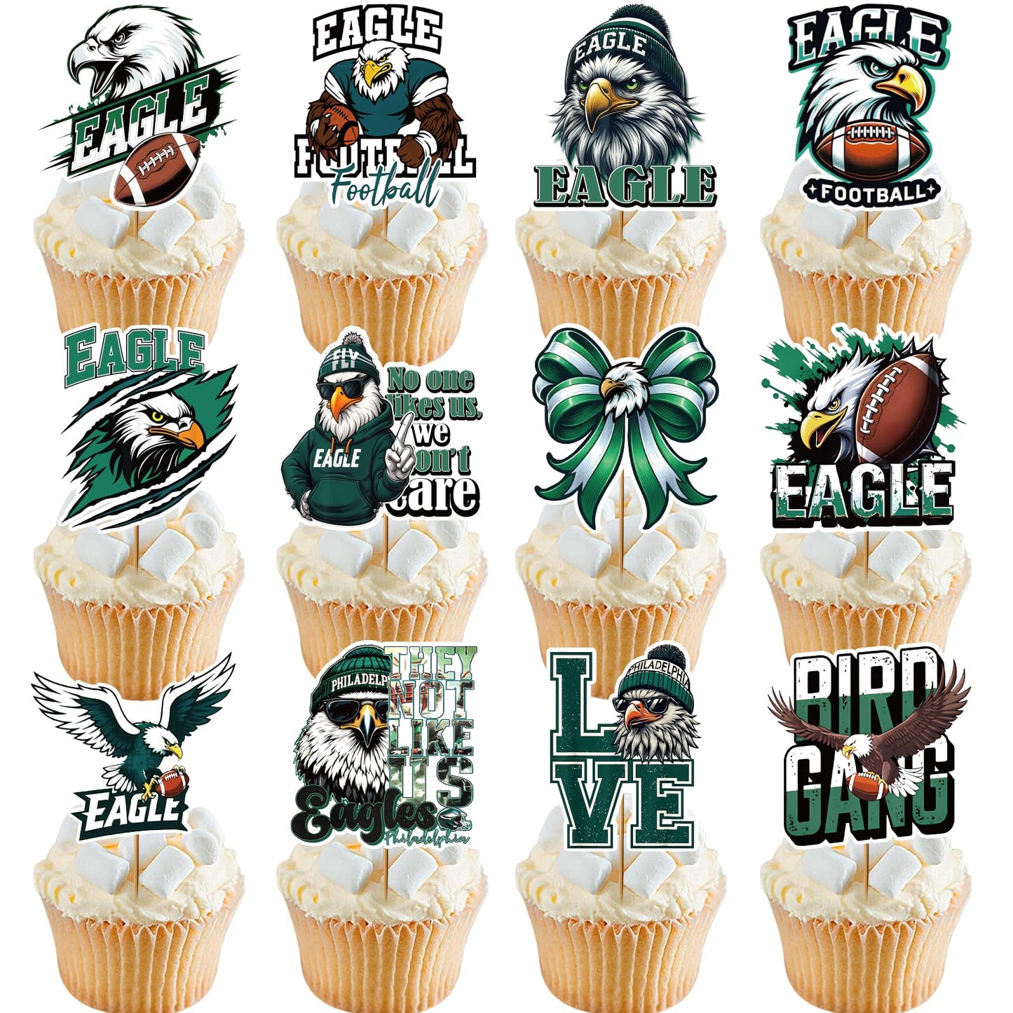 Takealooko 24 Pack Football Cupcake Toppers - Green Football Animal Theme Cup Cake Decorations For Birthday Sports Game Day Tailgate Favors Sport Themed Party Supplies